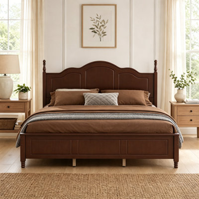 Classic Vintage King Bed Frame, Platform Bed, With Wave Shaped Headboard And Solid Wooden Slat Foundation, Tool-Free Simple Assembly, Walnut