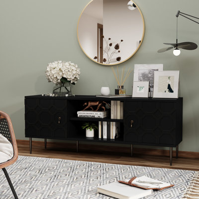 Contemporary TV Stand for 55-75 Inch TVs, Entertainment Center with Storage Cabinets and Open Shelves, Textured Pattern Console for Living Room