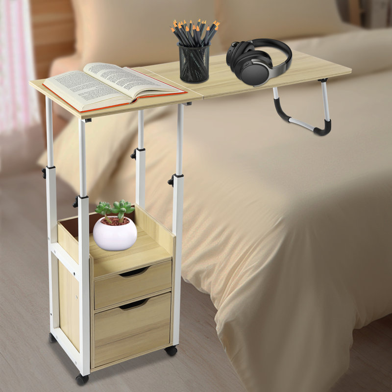 Overbed Table with Wheels-Height Adjustable Over Bed Desk, Beige
