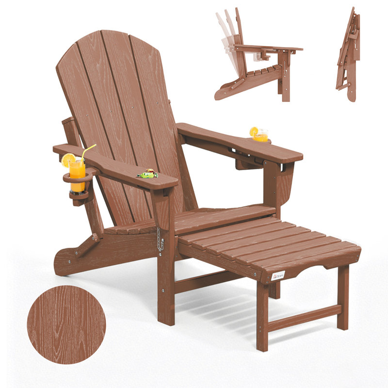 3-Level Adjustable Adirondack Chair with Retractable Ottoman and 2 Cup Holders, Folding All-Weather Outdoor Fire Pit Chair for Deck, Patio, Garden, and Backyard Use, Brown