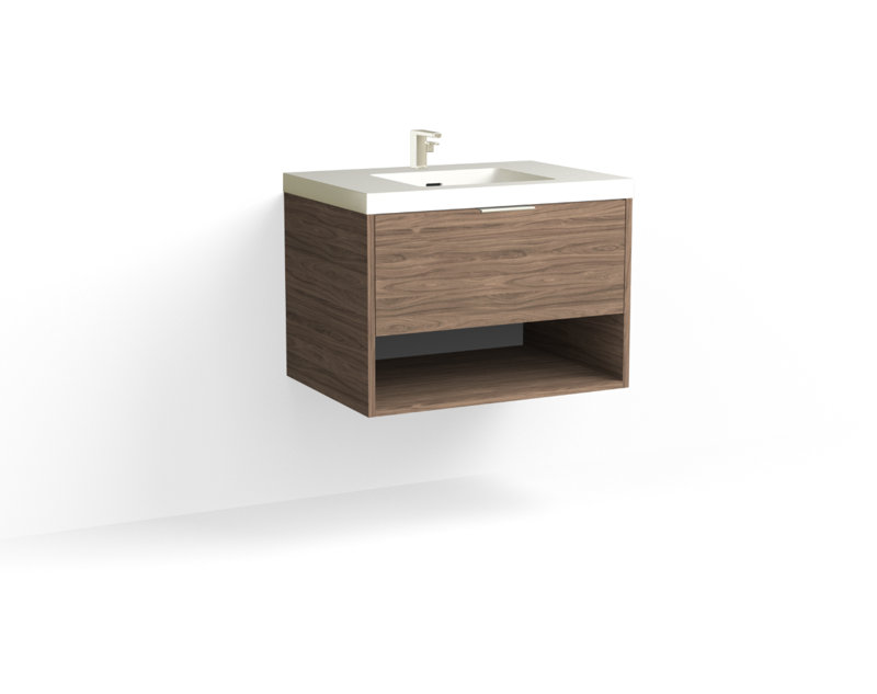 Modo 30" W Wall Mounted Single Bathroom Vanity, Glossy White/8" Widespread, Nocino, Satin Nickel
