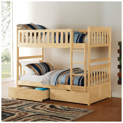 Lit superposé simple au-dessus de simple avec tiroirs de rangement, finition en bois de pin naturel, échelle robuste, aucun sommier requis