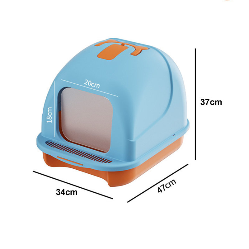 Grand bac à litière pour chat avec couvercle fermé et bac à litière avec toilette pour chat, Bleu / Orange