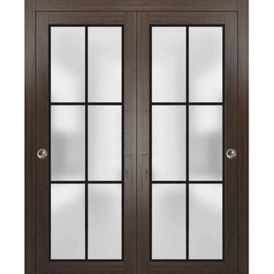 Portes coulissantes de placard avec quincaillerie Planum 2122 Frêne chocolat avec verre dépoli, rails robustes, moulures, garnitures, ensemble de quincaillerie, portes de placard de chambre modernes en bois massif - 60 po x 80 po (2 x 30 x 80)
