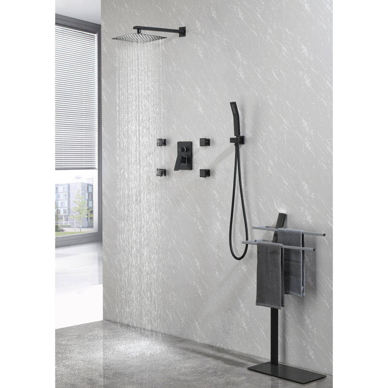 Ensemble de douche noir mat de 10 pouces avec pomme de douche carrée, douche à main, jets de corps et 3 salles de bain à soupape d'équilibre