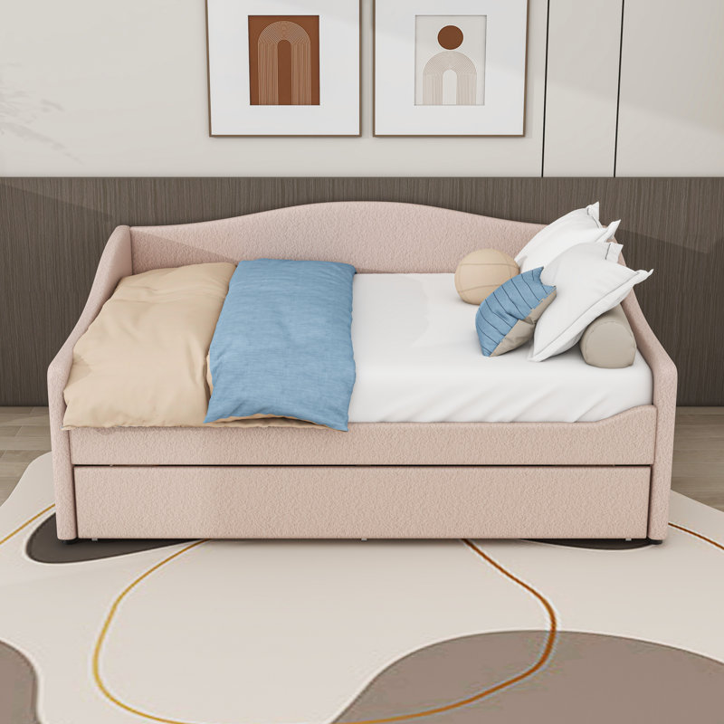 Upholstered Daybed with Twin Trundle and Light, Beige, Full/Double