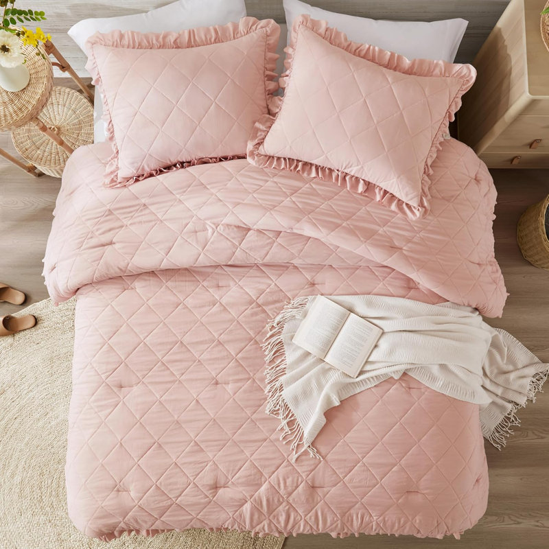 Ensemble de literie Ruffle, Édredon très grand + 2 taies d'oreiller standard, Rose