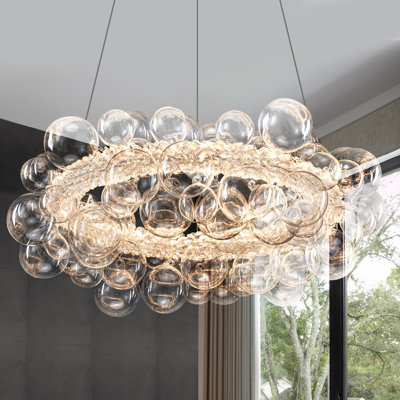Modern Farmhouse Bubble Chandelier with Crystal Ring, 30-Watt Integrated LED Dimmable Pendant Light, Adjustable Height, ETL Listed
