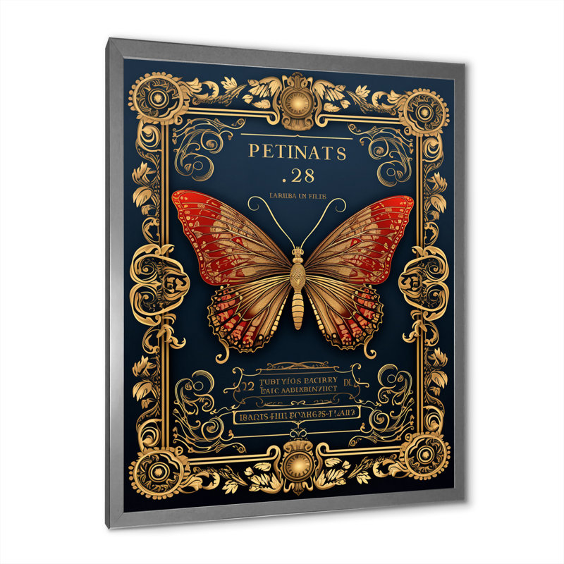 Illustration rétro d'un papillon rouge, Cadre simple argenté, H 20 po x l 12 po x P 1 po
