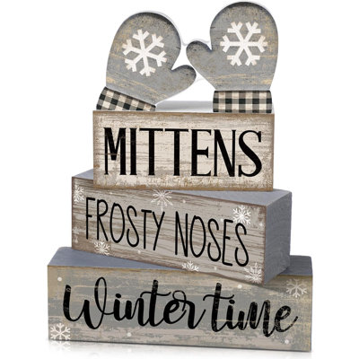 Ensemble de 4 décorations de table hivernales : mitaines en bois, plateau à étages, motif flocons de neige rustiques, panneaux décoratifs, cadeau, centre de table champêtre pour une fête de Noël féérique, cuisine ou maison.