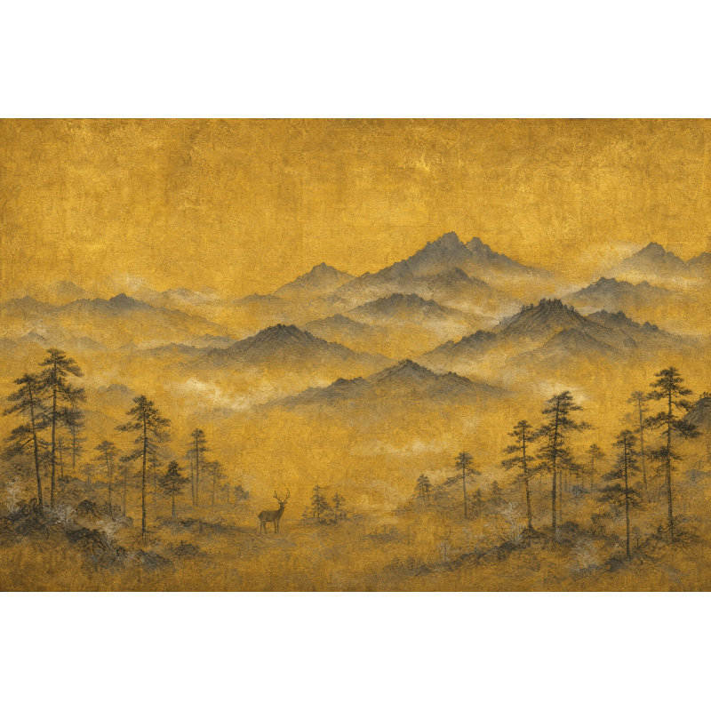 Papier peint paysage de montagne dorée, silhouette de cerf brumeux, 100"x96", Non-Woven Nonpasted