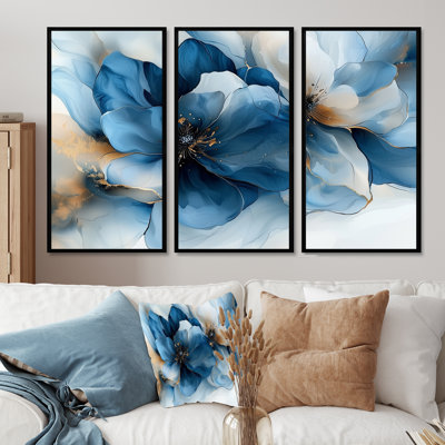 Velours blanc, bleu, chrysanthèmes, encre de rivière I - art mural grand fleur de pommier - 3 panneaux