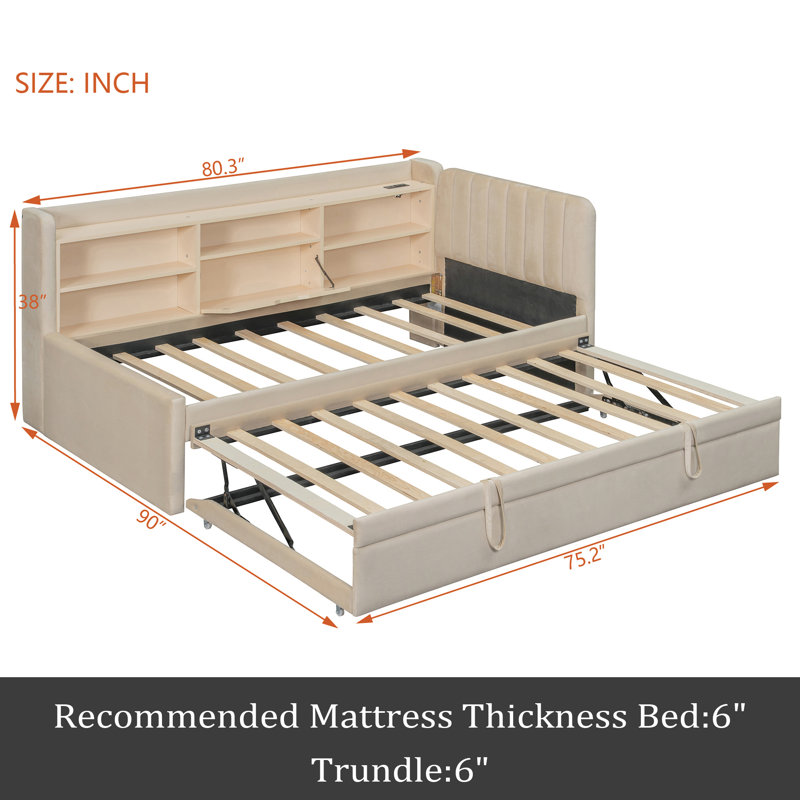 Twin Size Upholstered Daybed With Trundle, Storage Shelves, USB & Outlet, Beige