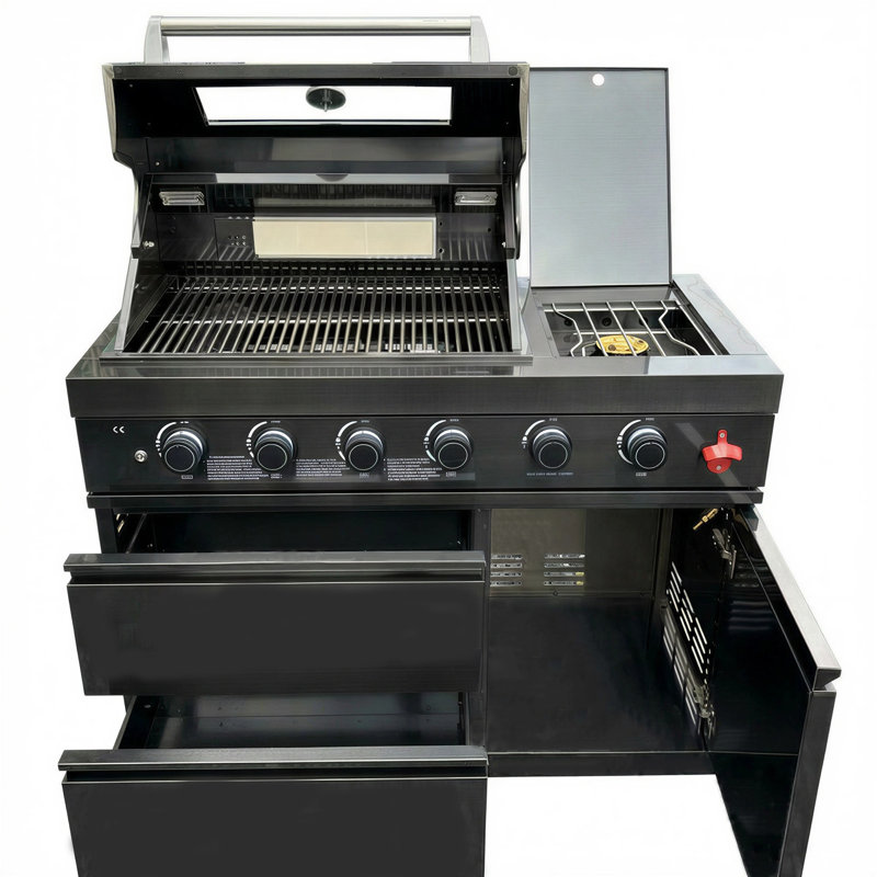 Îlot de cuisine au gaz en acier inoxydable pour 5 brûleurs 75 300 BTU Jorvik, Noir