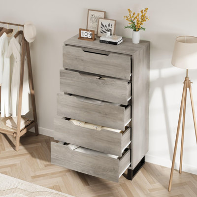 5-Drawer Dresser for Bedroom Gray - 50.5" Tall Wooden Chest with Detachable Legs - Freestanding Storage Cabinet with Waterproof Top & Anti-Tip Kit - Rustic Modern Organizer for Living Room, Hallway, Entryway