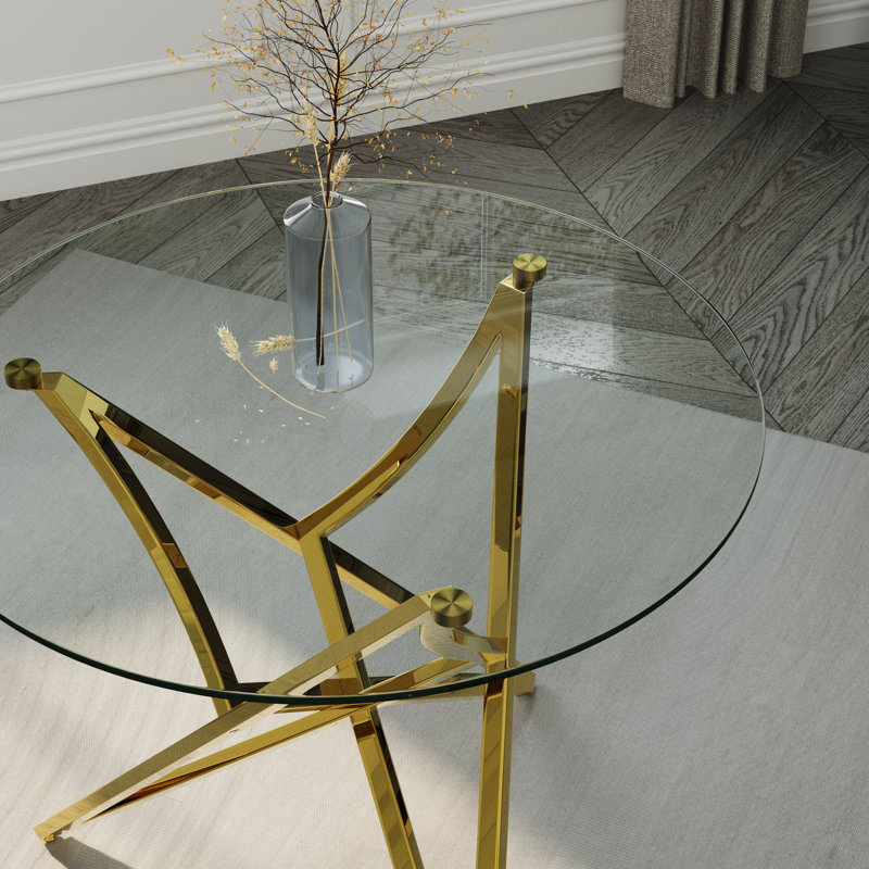 36 Inch Clear Tempered Glass Round Dining Table With Polished Metal Base, Gold