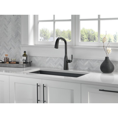 Robinet de cuisine à poignée simple sans contact Stryke avec technologie Delta VoiceIQ et avec accessoires