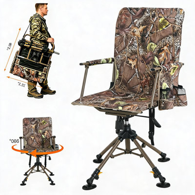 Chaise pivotante robuste à 360 ° silencieuse - Siège portable pliable avec sangle de transport - Capacité de 330 lb - Aucun assemblage requis - Idéal pour les activités de plein air, le camping, la pêche - Camouflage de feuilles