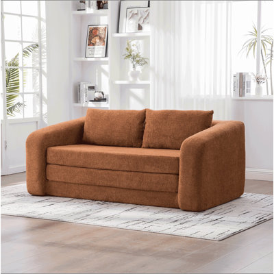 71" 2-in-1 Pull Out Foldable Loveseat Sofa Bed with Armrest & Backrest Pillows, Convertible Chenille Boneless Cloud Floor Mattress Sleeper Lounge Couch for Living Room Bedroom Guestroom Dorm, Orange