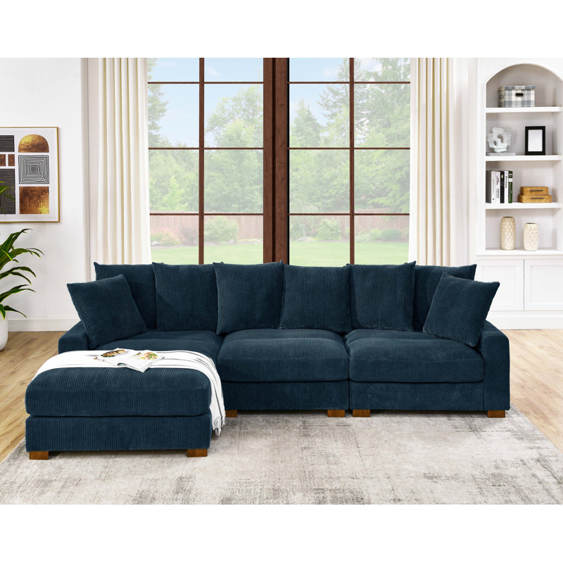 Xandar Corduroy Sofa, 4, Blue, 34" H x 122" W x 67.5" D