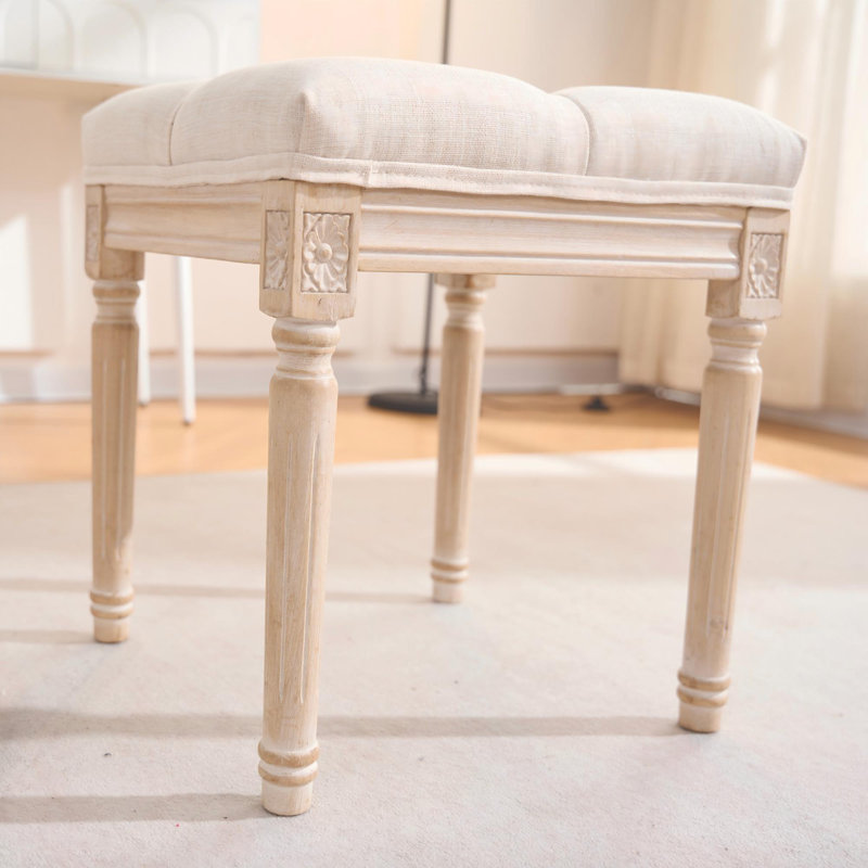 French Style Beige Linen Fabric Entryway Bench, Upholstered Tufted End Of Bed Bench With Brushed Rubberwood Legs, Bedroom Entryway Bench, Home Decor Furniture, Comfortable Accent Bench