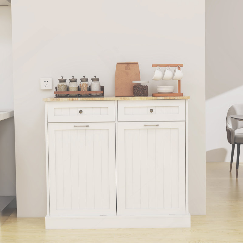 Two Drawers and Two-Compartment Tilt-Out Trash Cabinet Kitchen Trash Cabinet-White, White