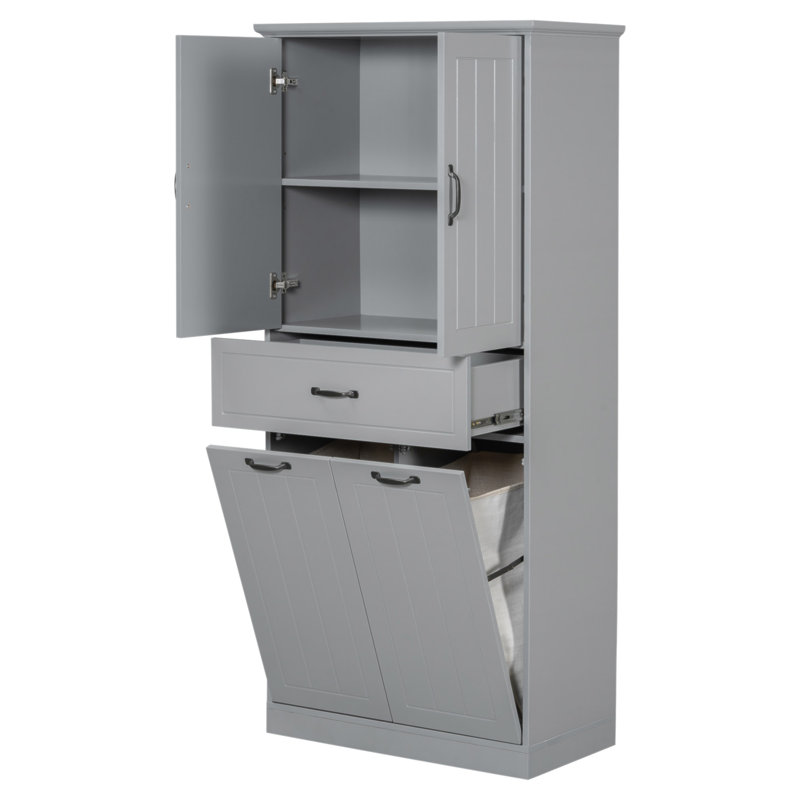 Bathroom Storage Cabinet With Two Laundry Baskets, Storage Cabinet With Doors And Drawer For Home, Gray