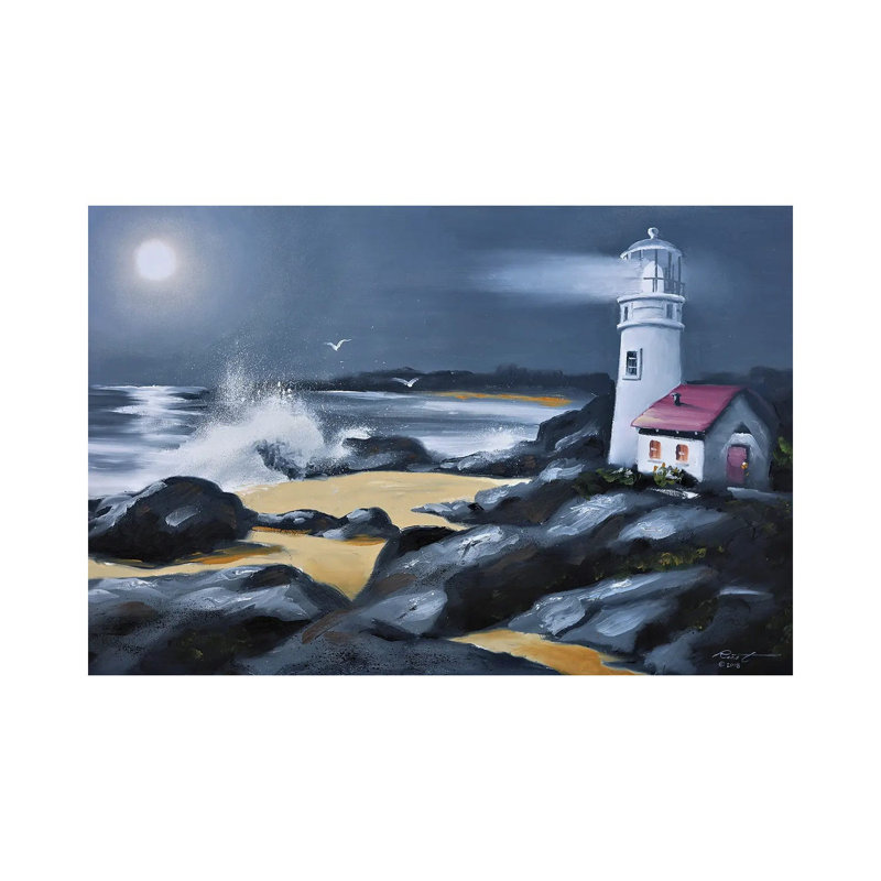 Lighthouse With Moonlight by D. "Rusty" Rust - Wrapped Canvas Gallery-Wrapped Canvas Giclée, 20.32 cm H x 30.48 cm W