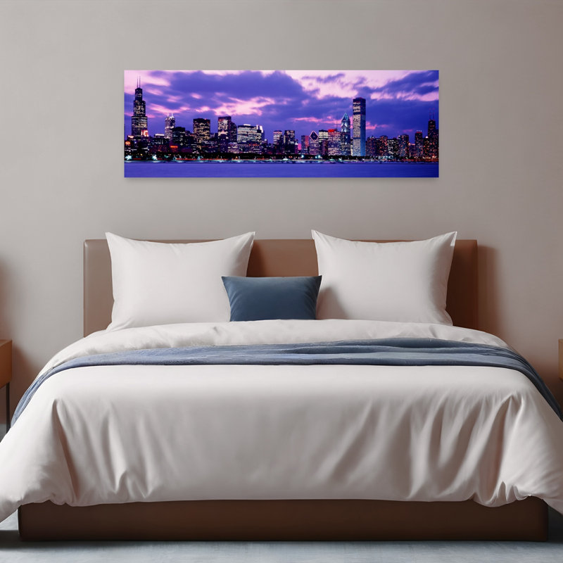 Coucher de soleil, Chicago, ville contemporaine abstraite, art mural, H 16 po x l 48 po