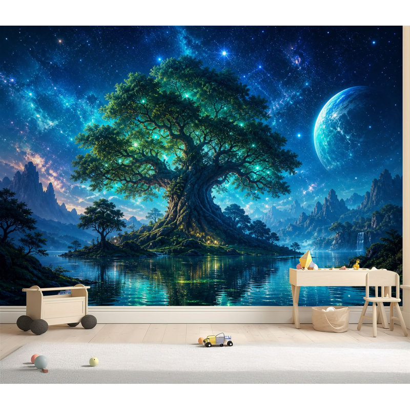 Papier peint adhésif autocollant Mystical Tree Glowing Foliage Under Starry Night Sky Fantasy Landscape, L 69 po x l 96 po