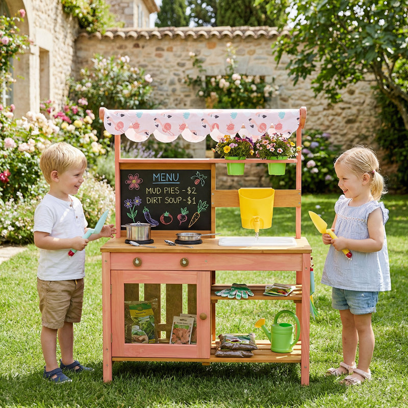 Kids Mud Kitchen with Canopy, Wooden Outdoor Play Kitchen with Planter Box, Chalkboard, Sink, Stoves, Storage, Kitchenware & Garden Tools, Pretend Play Outdoor Toys Gifts for Age 3-6, Pink