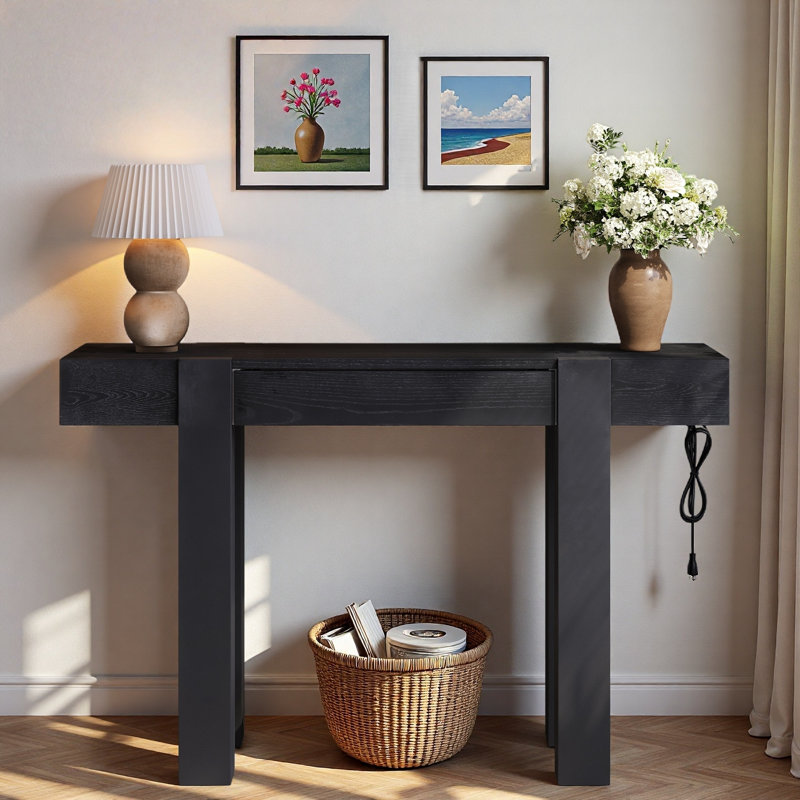 Console minimaliste avec tiroir caché et prise de courant latérale, Noir