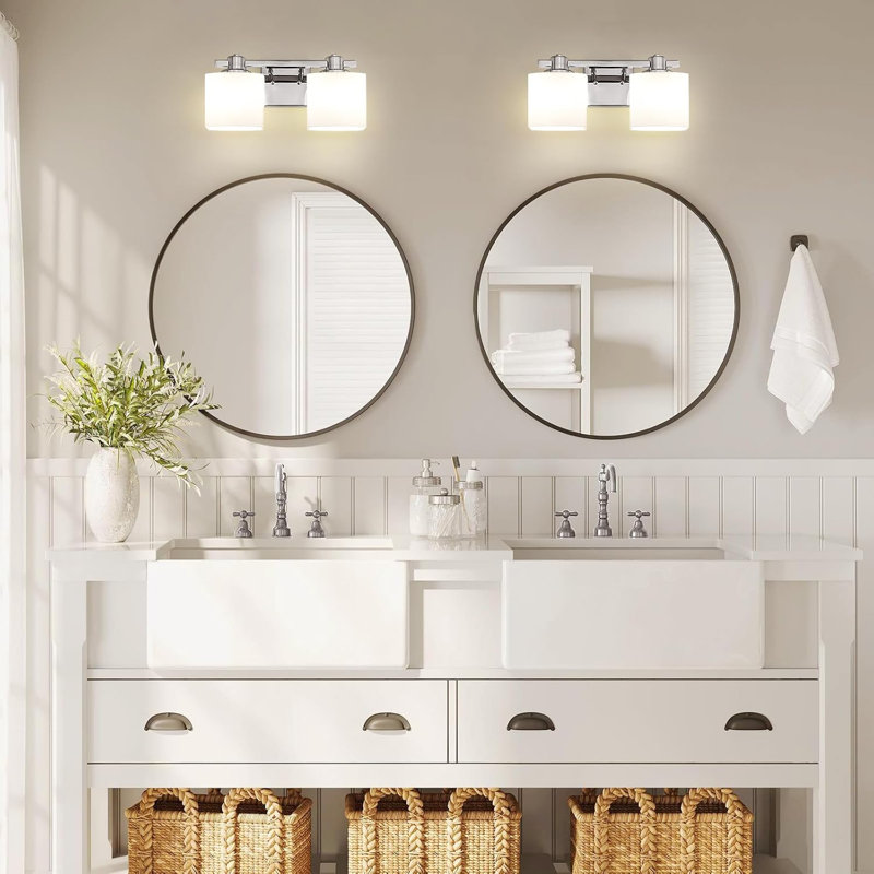 Bathroom Vanity Light Fixture With Handmade Blown Milk Glass Shades - Modern Industrial Wall Sconce For Mirror Lighting - Rustic Farmhouse Design