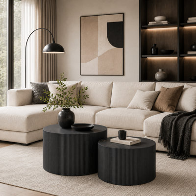 2-Piece Round Nesting Coffee Table Set with Fluted Drum Base