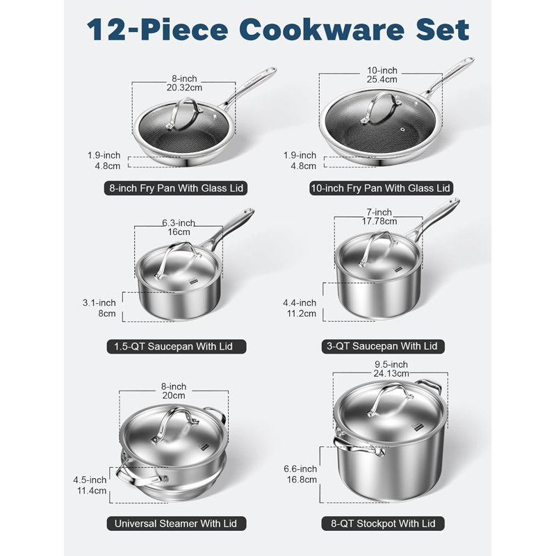 Ensemble de batterie de cuisine standard en acier inoxydable à poils multiples 12 pièces, casseroles et poêles Cooks