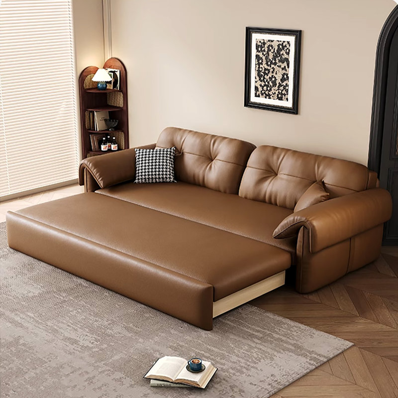 61.42"Brown Retro Eco Leather Sofa Bed, 33.86" H x 61.42" W x 32.28" D