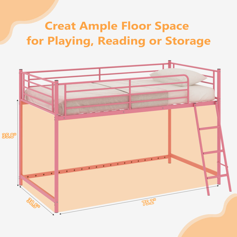 Junior Metal Twin Loft Bed With Guard Rails And Stairs, Pink