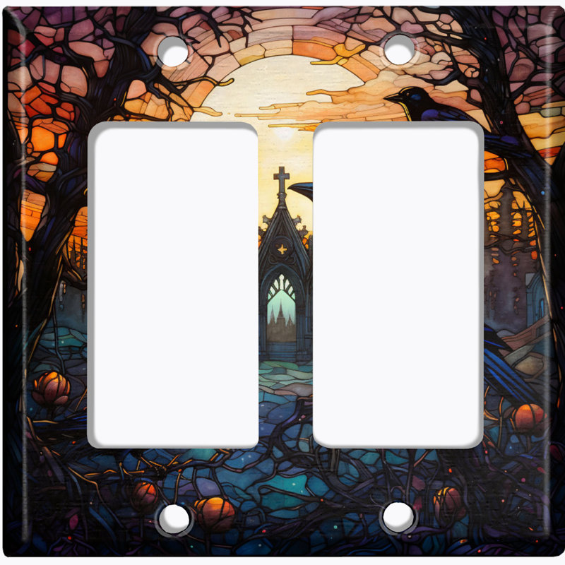 Metal Light Switch Plate Outlet Cover (Halloween Spooky Church Raven - Double Rocker)