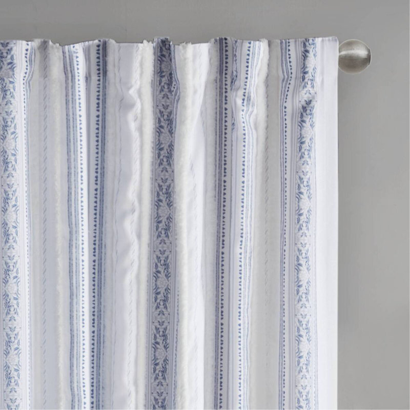 Panneau de rideau en poly imprimé avec rayures et doublure touffetées, Bleu, L 50 po x L 95 po