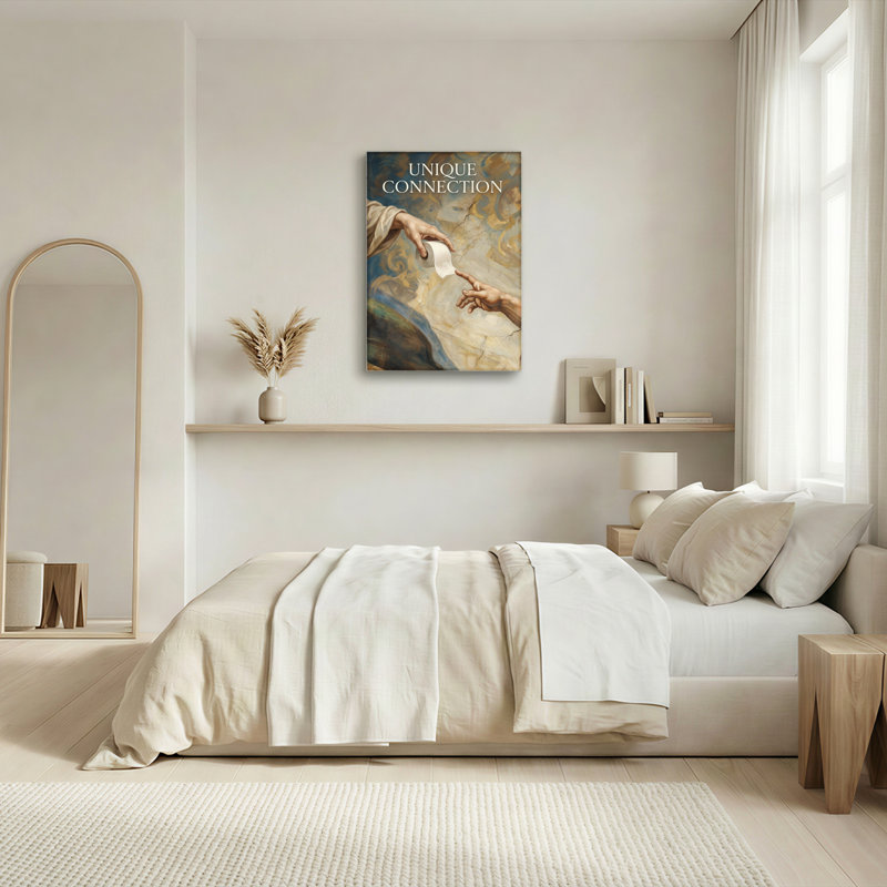 Tableau unique sur toile tendue représentant du papier de toilette et des mains divines, inspiré d'une scène de la Création, idéal pour la décoration du salon ou du bureau.