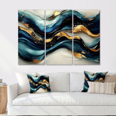 Fusion de pierre émeraude sur Blue River III - art mural sur toile Waves - 3 panneaux