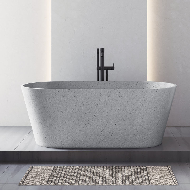 59'' Concrete Freestanding Solid Surface Outdoor Soaking Stone Bathtub Terrazzo, Gray