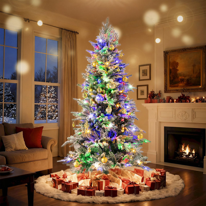 Arbre de Noël artificiel blanc neige 6 pi 6 pi avec 4 modes 8 couleurs, arbre de Noël floqué avec 200 lumières et pinecore, 1000 branches en feutre réfractaire et base pliable pour la décoration des Fêtes