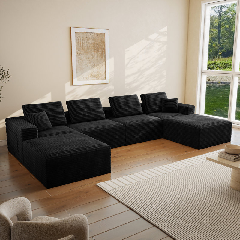 Abdou 141.7" U-Shaped Compression Sectional Sofa With Chaise, Corduroy Cloud Couch, Black