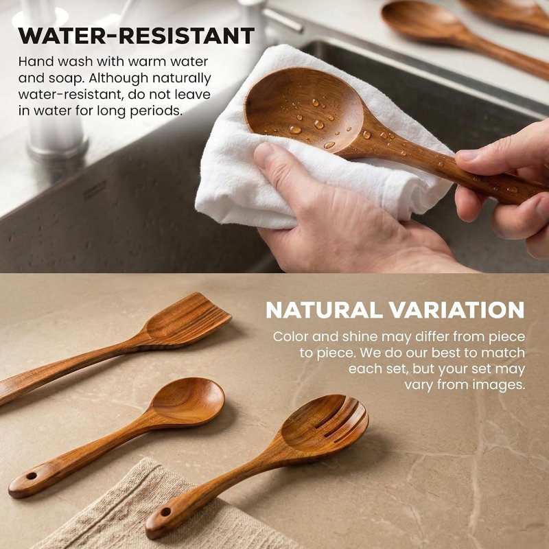 Très grand ensemble de cuillères en bois de teck 6 pièces Zulay Kitchen, ustensiles de cuisine antiadhésifs avec prise Comfort