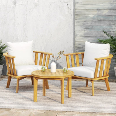 Ensemble de meubles de patio 3 pièces, fauteuil club d'extérieur en bois d'acacia avec table, meubles de patio en bois, coussins épais et imperméables pour porche, jardin, cour arrière, balcon, finition teck, blanc