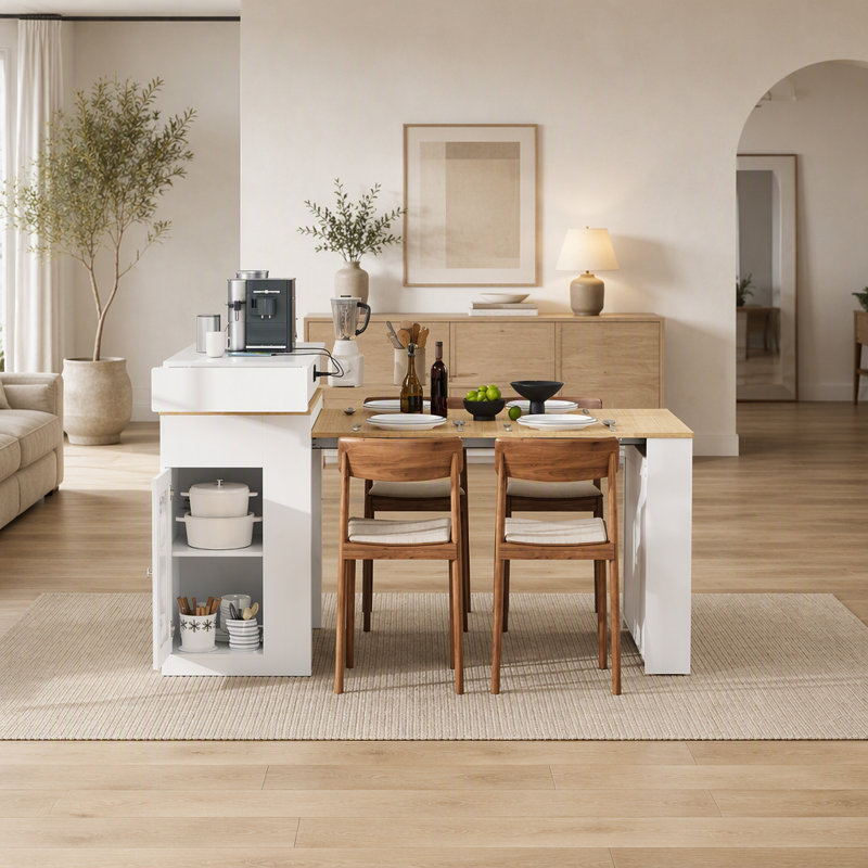 Table de salle à manger extensible avec plateau rabattable, table de bar avec tiroirs, prise électrique et roulettes, idéale pour les cuisines et salles à manger modernes.