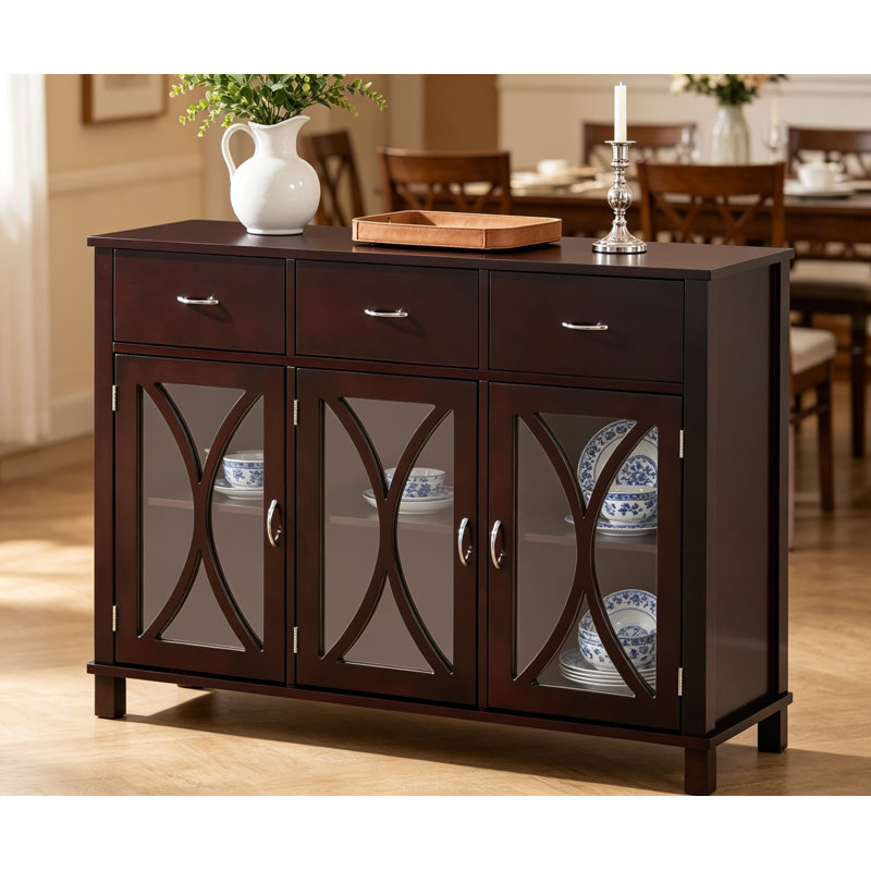 Buffet Buffet avec portes en miroir et tablettes réglables, console en bois au fini espresso pour la salle à manger, 43 po