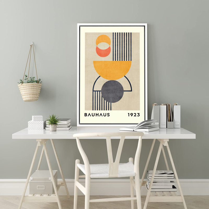 Classical Artwork " Bauhaus Orange Geometric Polygon ", 24" H x 16" W, White
