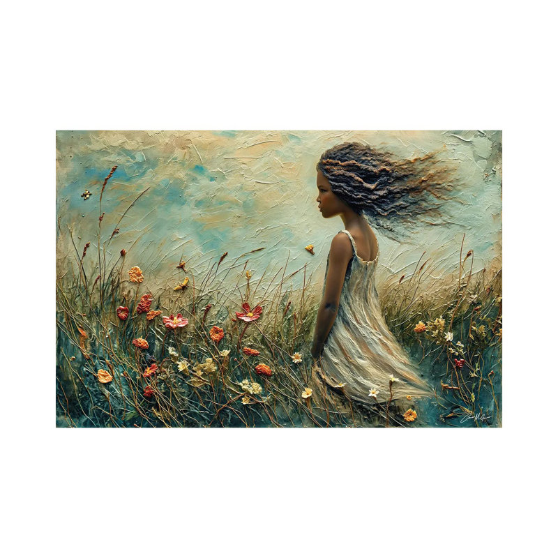Jeune fille avec le vent dans les cheveux - reproduction d'art murale encadrée, H 12 po x l 18 po, Toile tendue